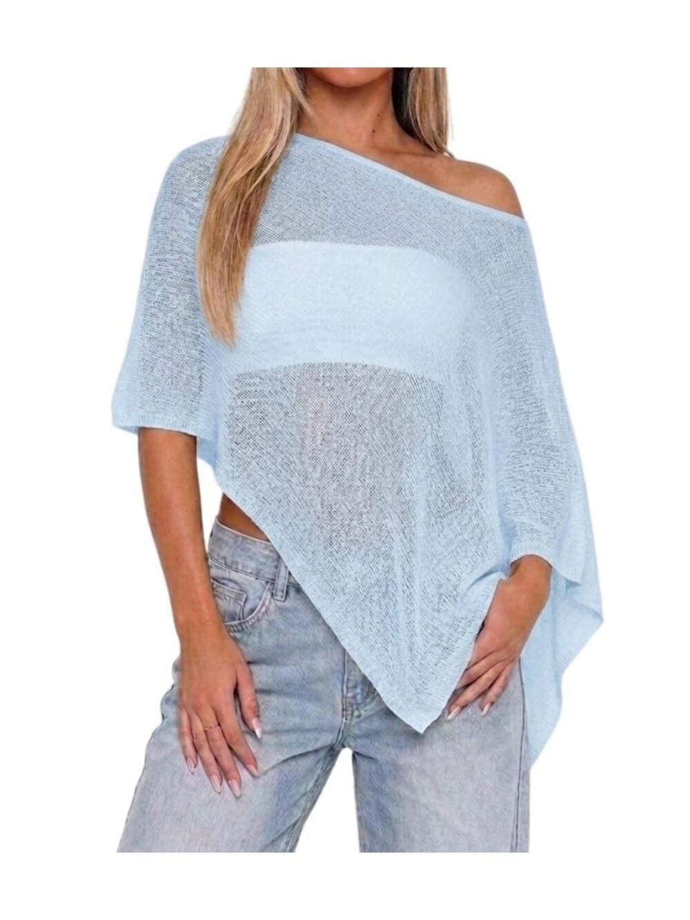 Womens Sheer Poncho Top Knit Crochet Lightweight Shawl Beach Cover Up Festival